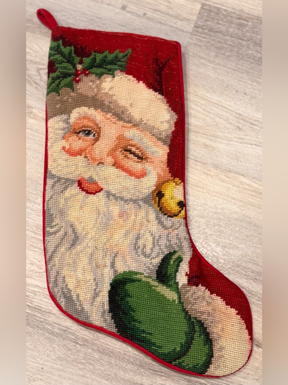 Vintage Wool Needlepoint Santa Claus Christmas Stocking Red/ Multicolor